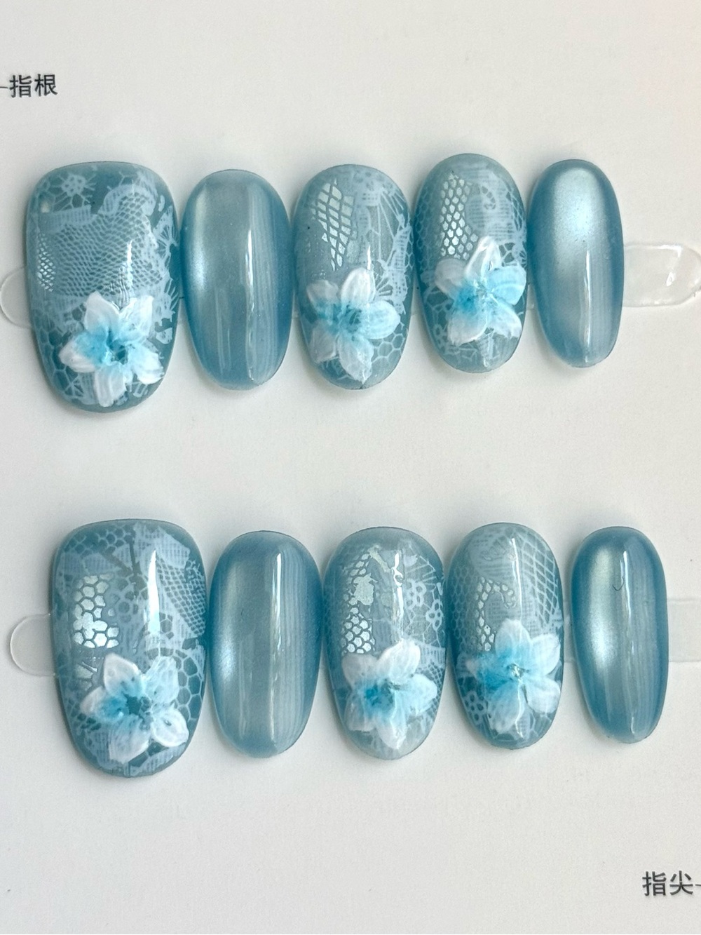 Handmade Blue Lace Floral Press-On Nail Set Size M